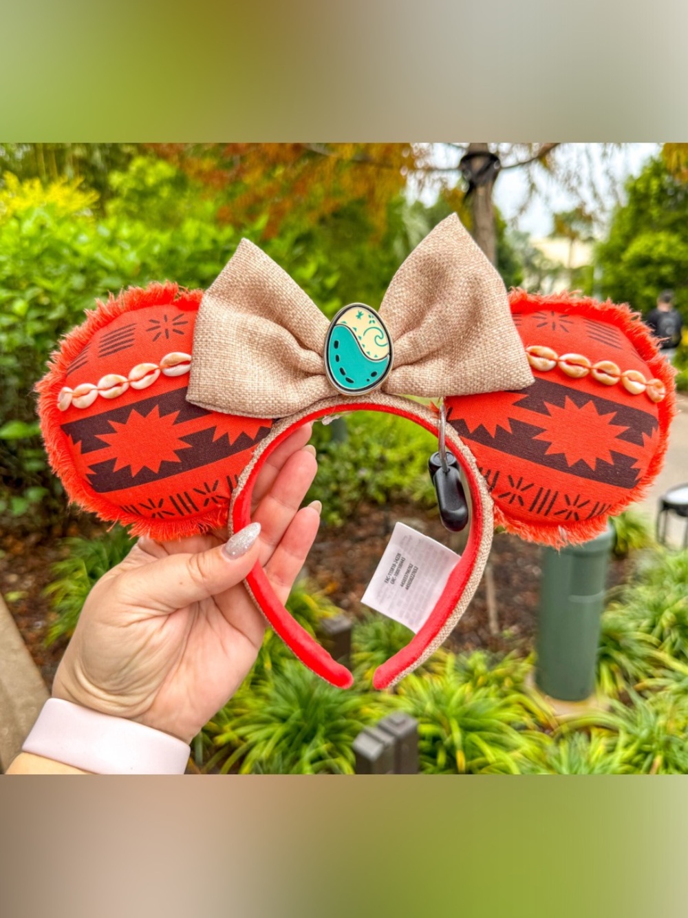 Disney Red Tribal-Pattern Ear Headband with Beige Bow and Aqua Accent Pin